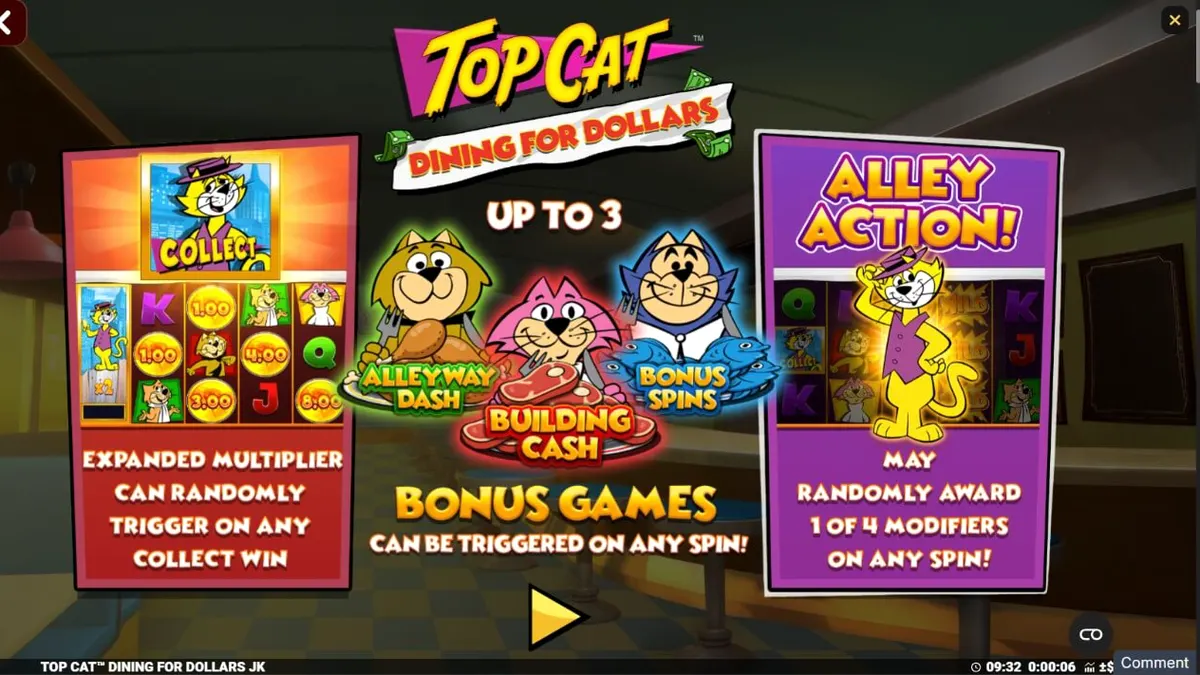 Personagens do desenho Top Cat em um cenário de lanchonete retro no slot Dining For Dollars